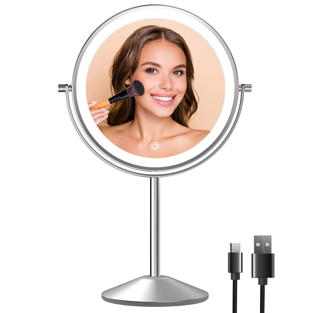 COSMIRROR Lighted Makeup Mirror, Rechargeable 10X Magnifying Mirror with Light, 8 Inch Makeup Vanity Mirror with 3 Light Setting, Touch Control Desktop Cosmetic Mirror