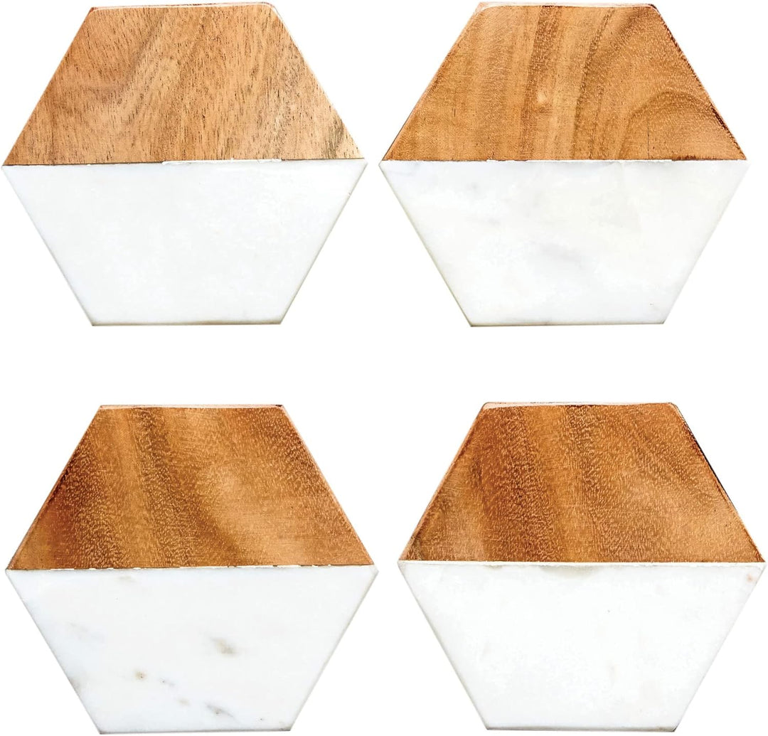 Creative Co-Op Marble and Natural Mango Wood Coasters (Set of 4), Hexagon, Multicolored