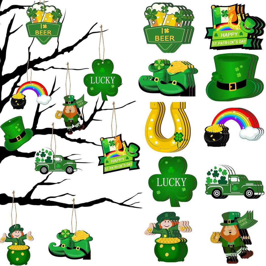 30 Pieces St. Patrick'S Day Decorations Shamrock Wooden Ornaments Leprechaun Horseshoe Hanging Wooden Cutouts Beer Green Car Wooden Ornament for Saint Patrick'S Day Tree Irish Party Supplies