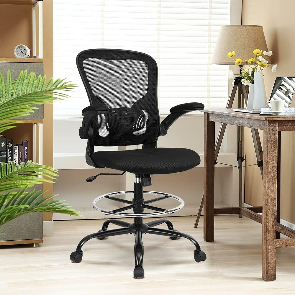 Ergonomic Drafting Chair, Tall Office Chair, Reception Desk Chair Mesh Computer Chair with Lumbar Support Flip-Up Arms, Executive Rolling Swivel Adjustable High-Back Task Chair with Foot Ring, Black…