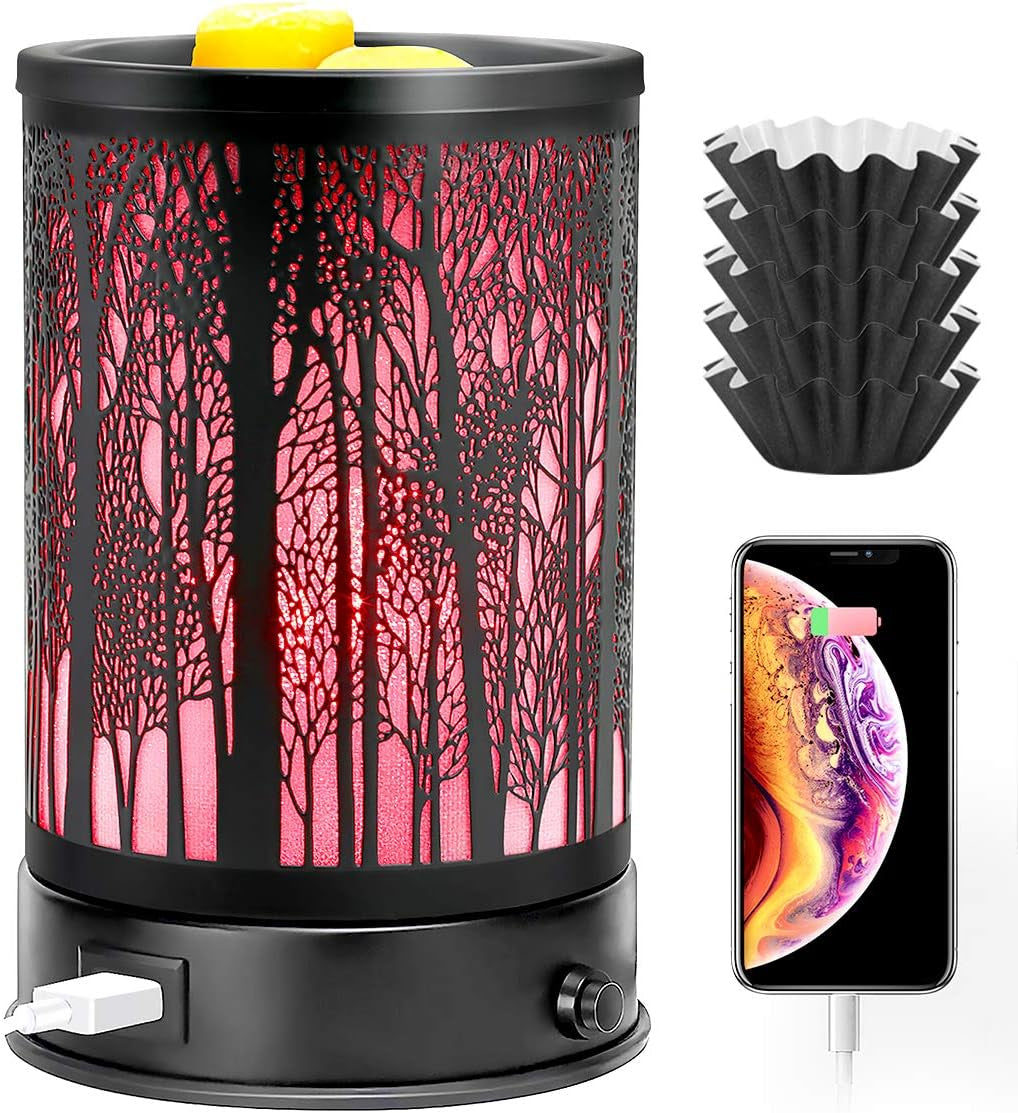 Wax Melt Warmer for Scented Wax with USB Charging 7 Colors LED Lighting Oil Lamp Wax Melts Burner Electric Melter Candle Warmer Classic Black Forest Design for Fragrance Home Décor,Gifts