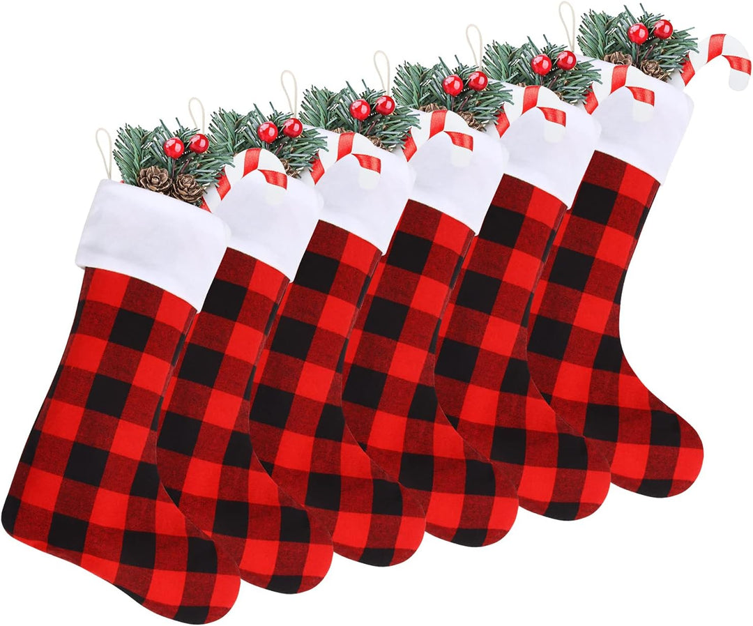 DIYASY Christmas Red Black Buffalo Plaid Stockings,6 Pack 18 Inches Large Plaid Stockings with Plush Cuff,Classic Christmas Stockings Decorations for Fireplace Hanging and Holiday Décor