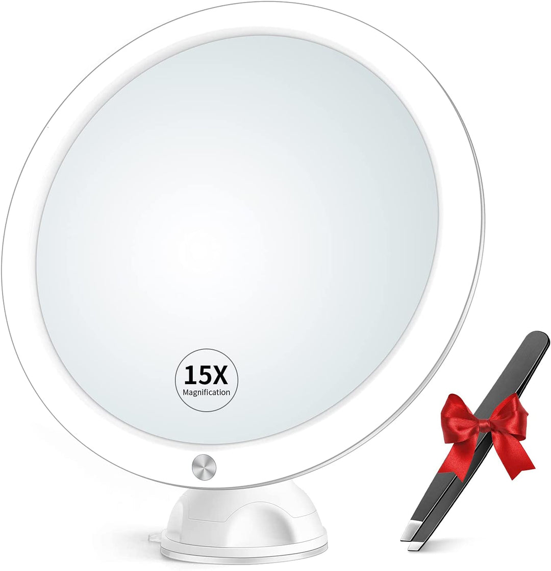 15X Magnifying Mirror with Light & Tweezers - Lighted Makeup Mirror with Strong Magnification for Precise Makeup, Plucking, Lighted Magnified Mirror W/Suction Cup for Bathroom, Dual Power , 8"