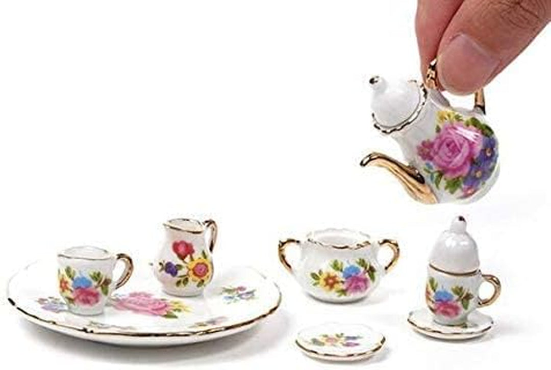 Collection Level 1:12 Elegant Flora Miniature Mini House Porcelain Tea Dish, Teapot, Cup, Plate Craft Set, DIY Scene Home Furniture Accessories
