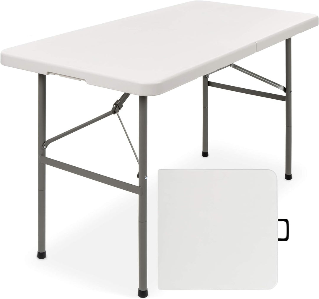 Best Choice Products 4Ft Plastic Folding Table, Indoor Outdoor Heavy Duty Portable W/Handle, Lock for Picnic, Party, Camping - White
