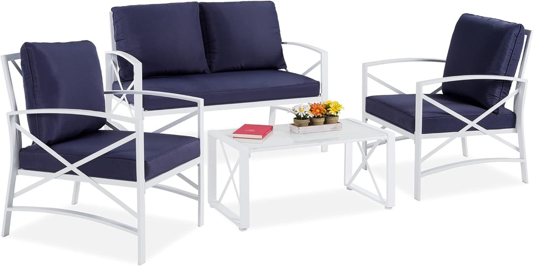 Best Choice Products 4-Piece Patio Conversation Set, Cushioned Metal Outdoor Furniture for Lawn, Poolside, Deck W/ 4 Seats, Loveseat Sofa, 2 Chairs, Tempered Glass Top Coffee Table - White/Navy Blue