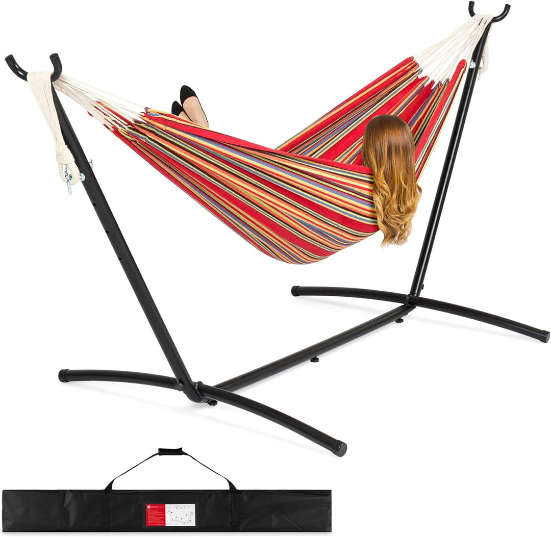 Best Choice Products 2-Person Double Hammock with Stand Set, Indoor Outdoor Brazilian-Style Cotton Bed for Backyard, Camping, Patio W/Carrying Bag, Steel Stand, 450Lb Weight Capacity - Red Stripes