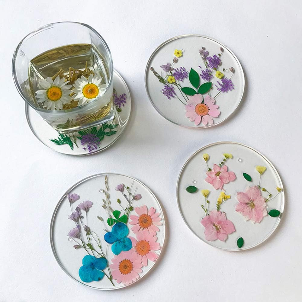 Drink Coasters Flower Cup Mat-Epoxy Resin Coasters with Colorful Natural Floral Reusable round Kitchen Utensils for Dining Cups (Set of 4) (4, BD0001)