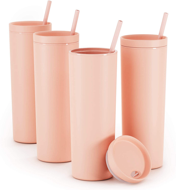 Maars Skinny Acrylic Tumbler with Lid and Straw | 18oz Premium Insulated Double Wall Plastic Reusable Cups - Matte Black/Rose Gold, 4 Pack