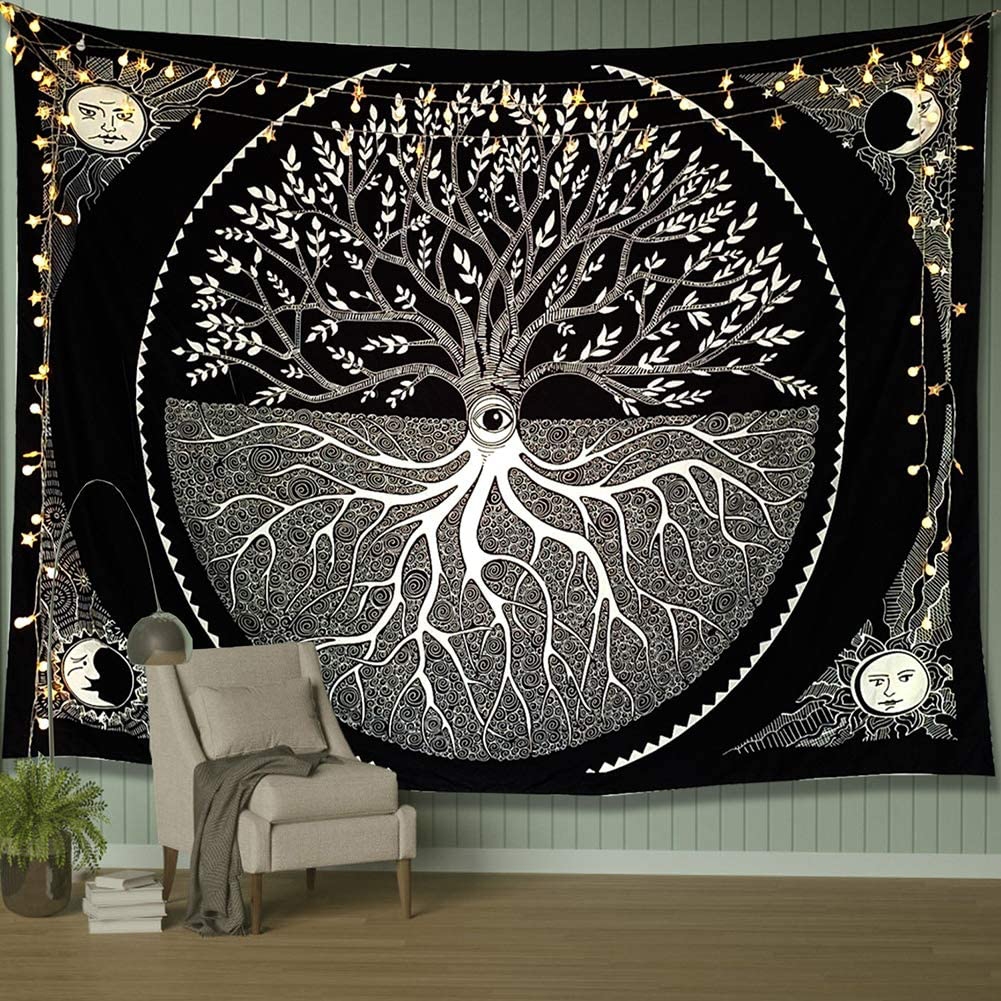 A AMEBAY Black and White Tapestry for Bedroom, Tree of Life Sun and Moon Tapestry Wall Hanging 80" 60"