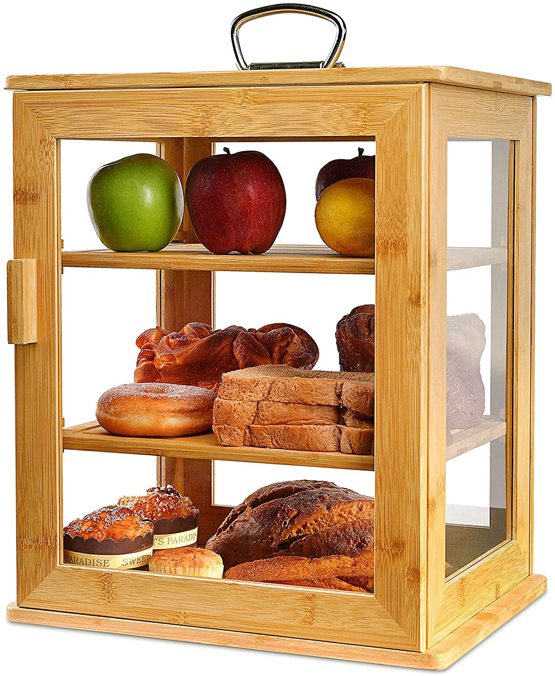 Kreemox 3 Layer Large Bread Box for Kitchen Countertop - Portable Bamboo Breadbox with All Clear Windows and Adjustable Shelves - Farmhouse Wood Bread Boxes Storage Holder (Self-Assembly)