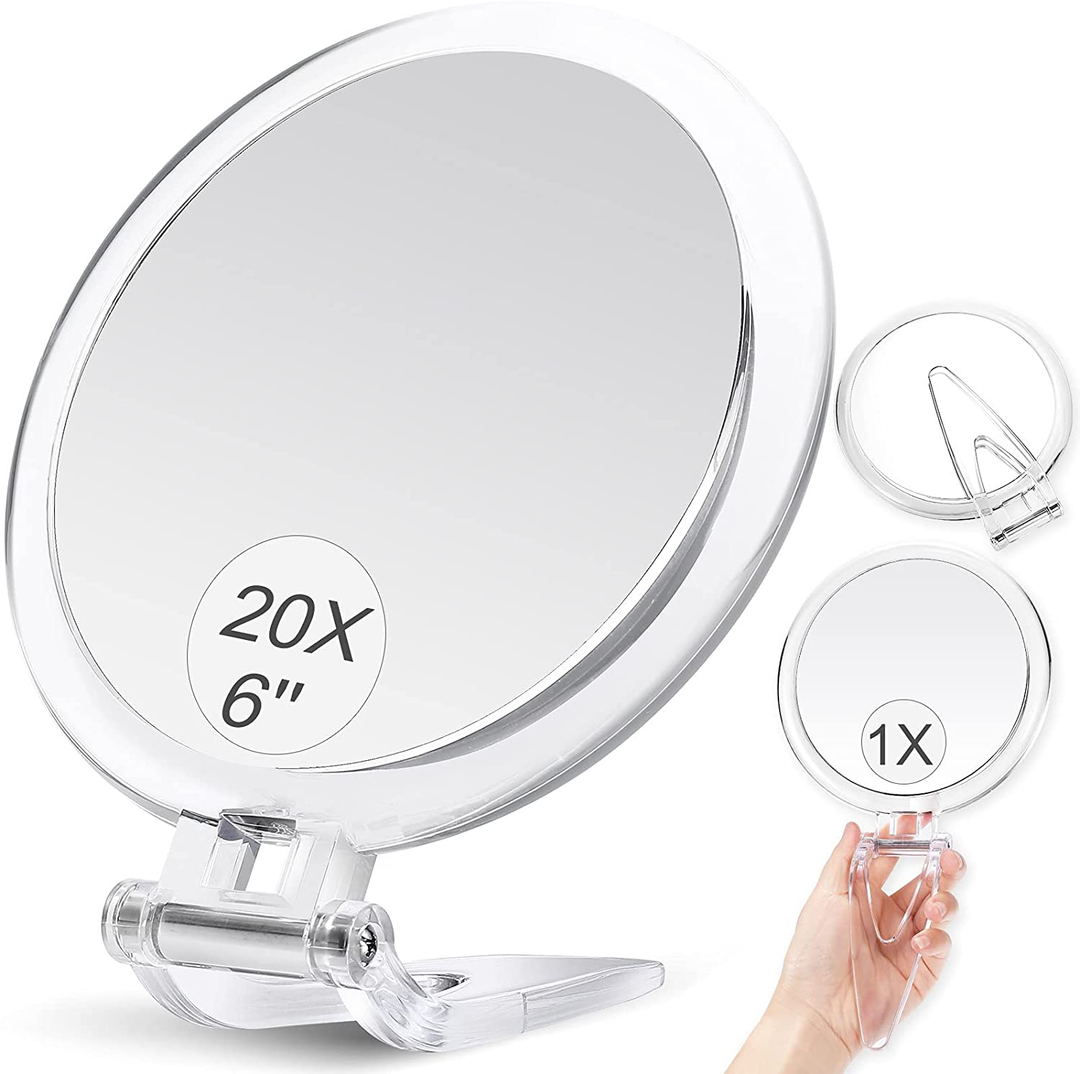 Handheld 20x Magnifying Mirror with Folding Handle, Portable Hand Mirror with Magnification for Makeup/Travel, Double Sided, Round, 6"
