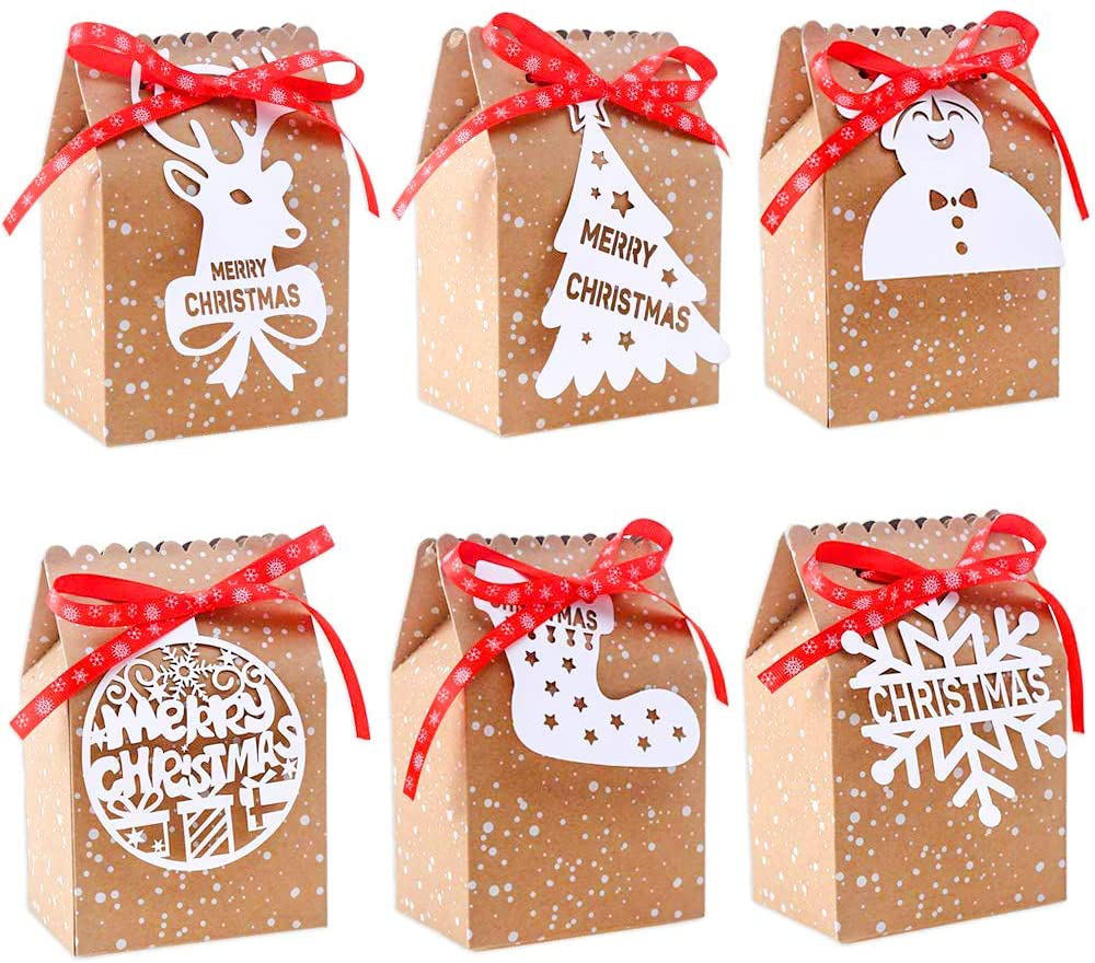 24PCS Bulk Christmas Goodies Bags,Kraft Holiday Gift Bags Christmas Gift Bags with Tags Snowflake Ribbons for Christmas Black Friday Party Supplies
