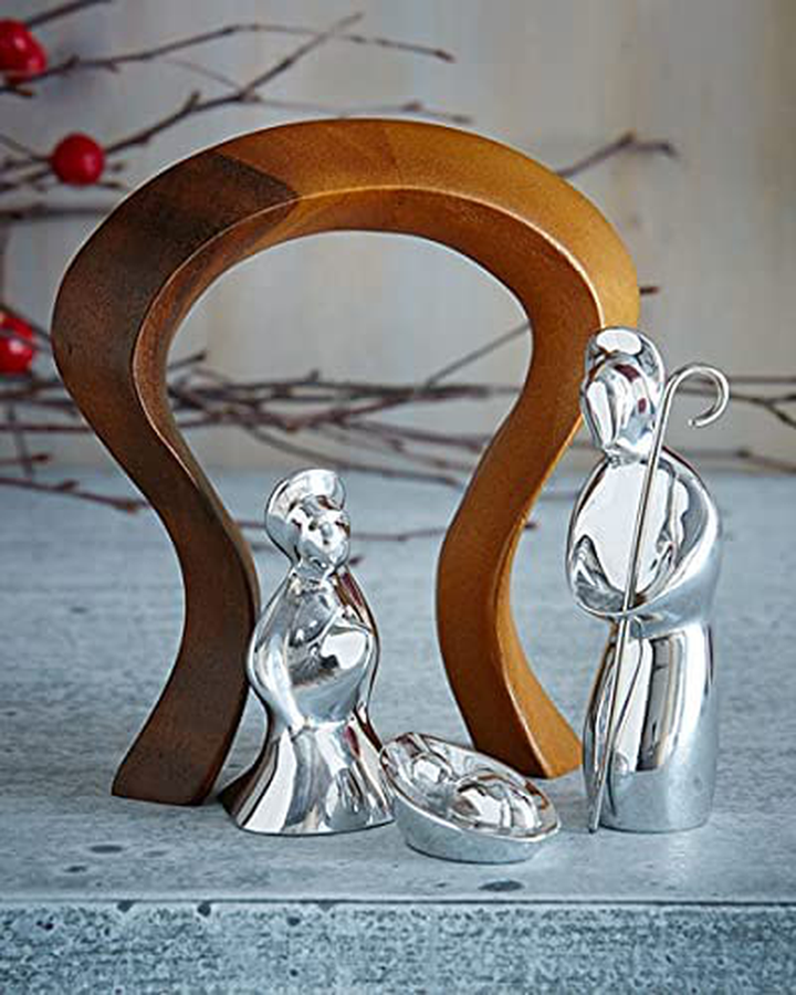 Nambe - Holiday Collection - Miniature Nativity Holy Family with Arch - Set of Four Figures - Made with Nambe Alloy - Designed by Alvaro Uribe