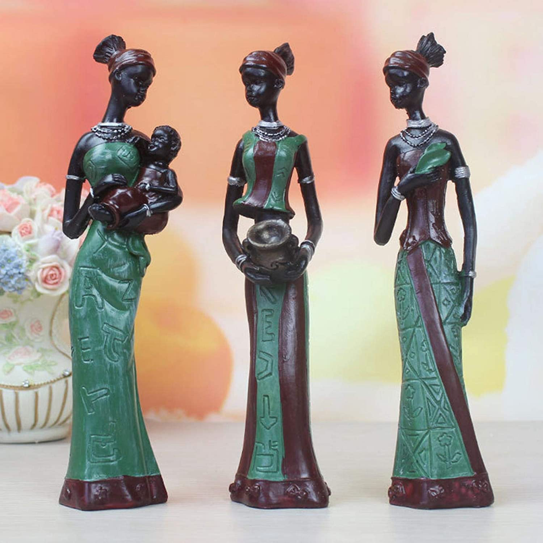 Just E Joy 3 pcs/Set African Figure Women Sculpture, Home Decorative Statue Resin Crafts Gift Desktop Ornaments for Living Room Hotel Office Tabletop Decoration(Green)