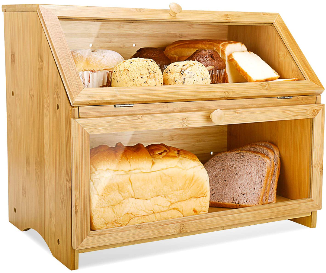 HOMEKOKO Double Layer Large Bread Box for Kitchen Counter, Wooden Large Capacity Bread Storage Bin (Natural Bamboo)