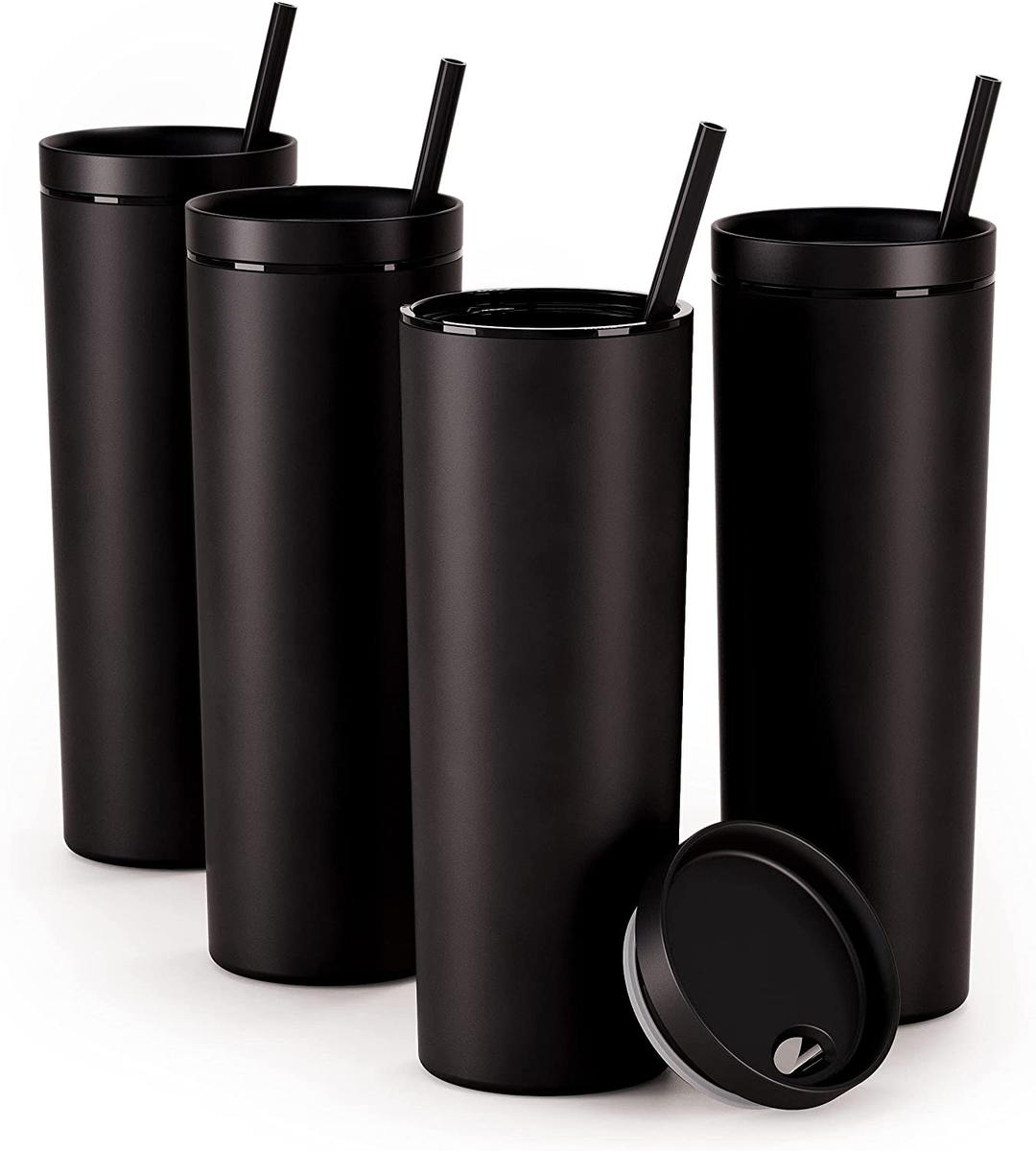 Maars Skinny Acrylic Tumbler with Lid and Straw | 18oz Premium Insulated Double Wall Plastic Reusable Cups - Matte Black/Rose Gold, 4 Pack