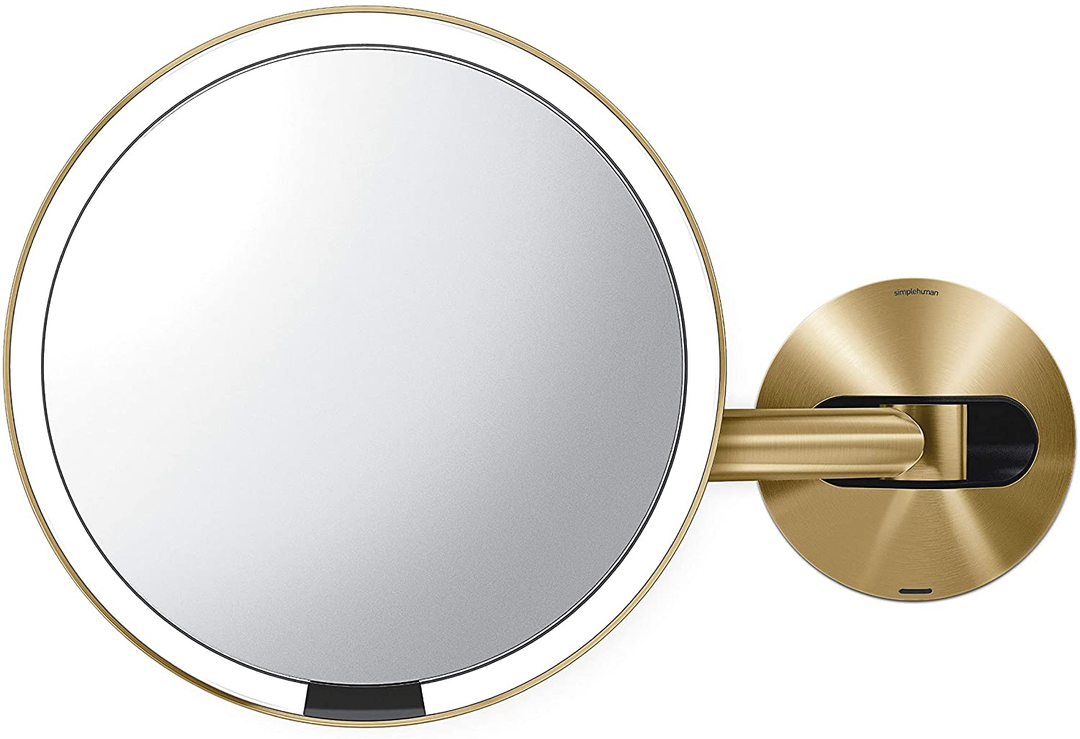 simplehuman ST3032 8" Round Wall Mount Sensor Makeup Mirror, 5X Magnification, Rechargeable and Cordless, Brass Stainless Steel