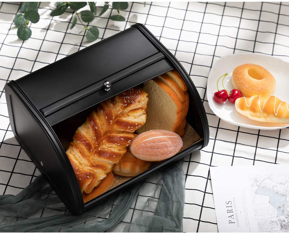 PARANTA Bread Box Bin For Kitchen Counter Farmhouse with Stainless Steel Roll Up Lid For Easy Kitchen Counter Storage Bread Bin Holder Black 12.01" x 10.24" x 6.89"