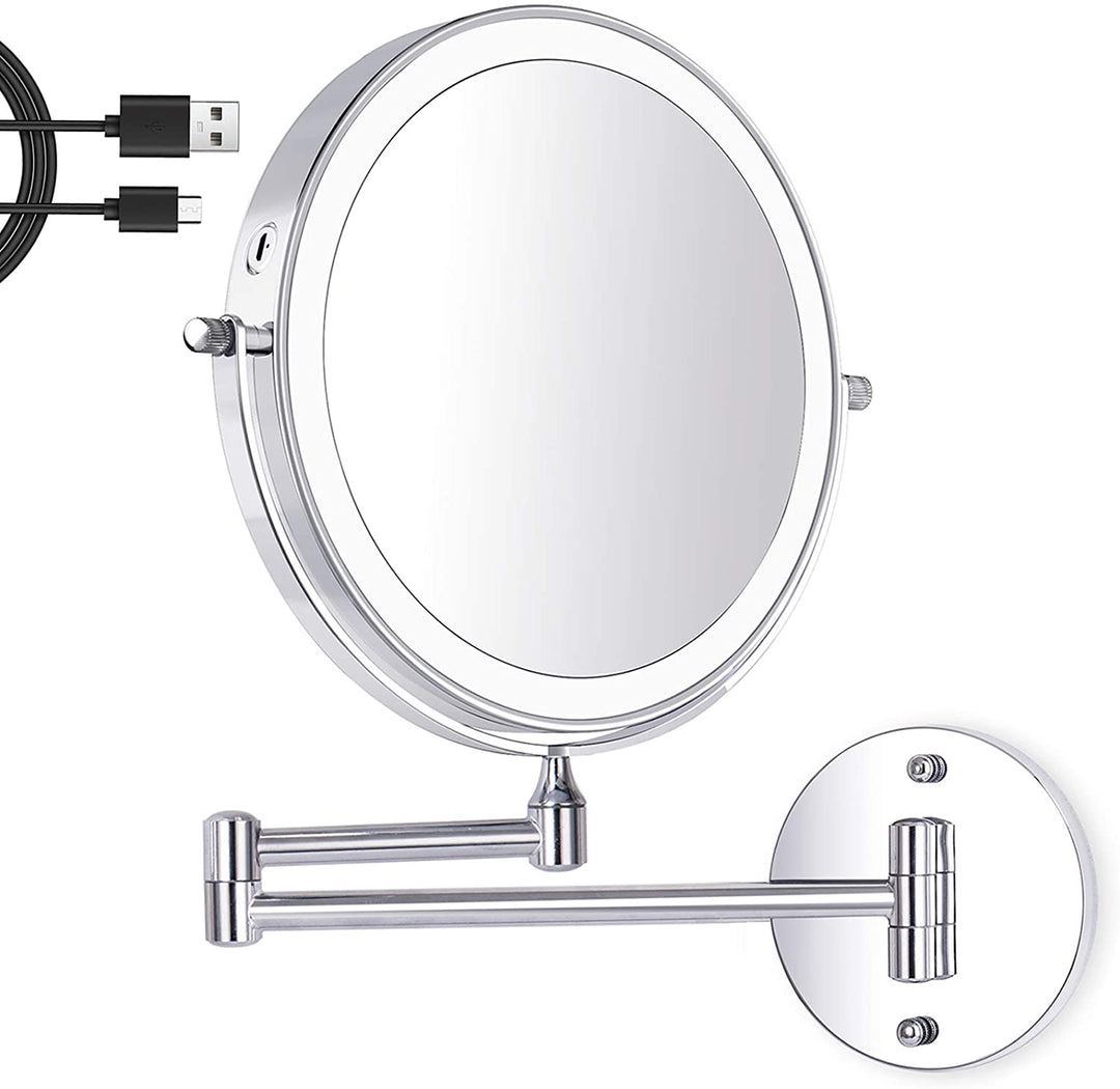 8 Inch Wall Mounted Makeup Mirror USB Rechargeable LED 3 Color Lights Two Sided 1X/10X Magnifying Mirror Touch Switch Intelligent Shutdown 360° Swivel Vanity Mirror for Bathroom Hotel(Silver)