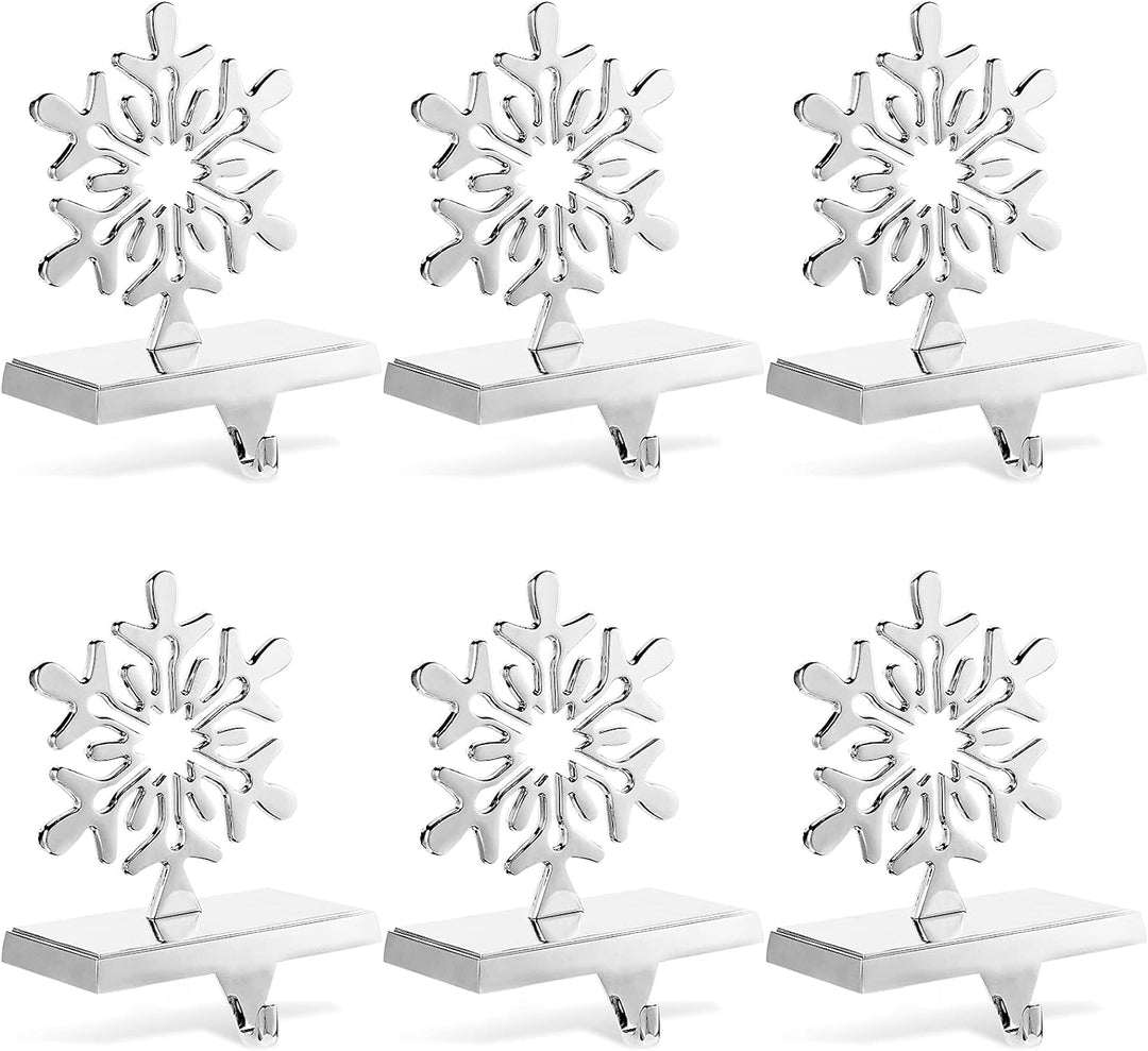 6 Pieces Snowflake Stocking Holder Christmas Stocking Holders Elk Santa Claus Silver Metal Stocking Hanger Mantle Hooks for Mantel Fireplace Christmas Party and Home Decoration (Snowflake)