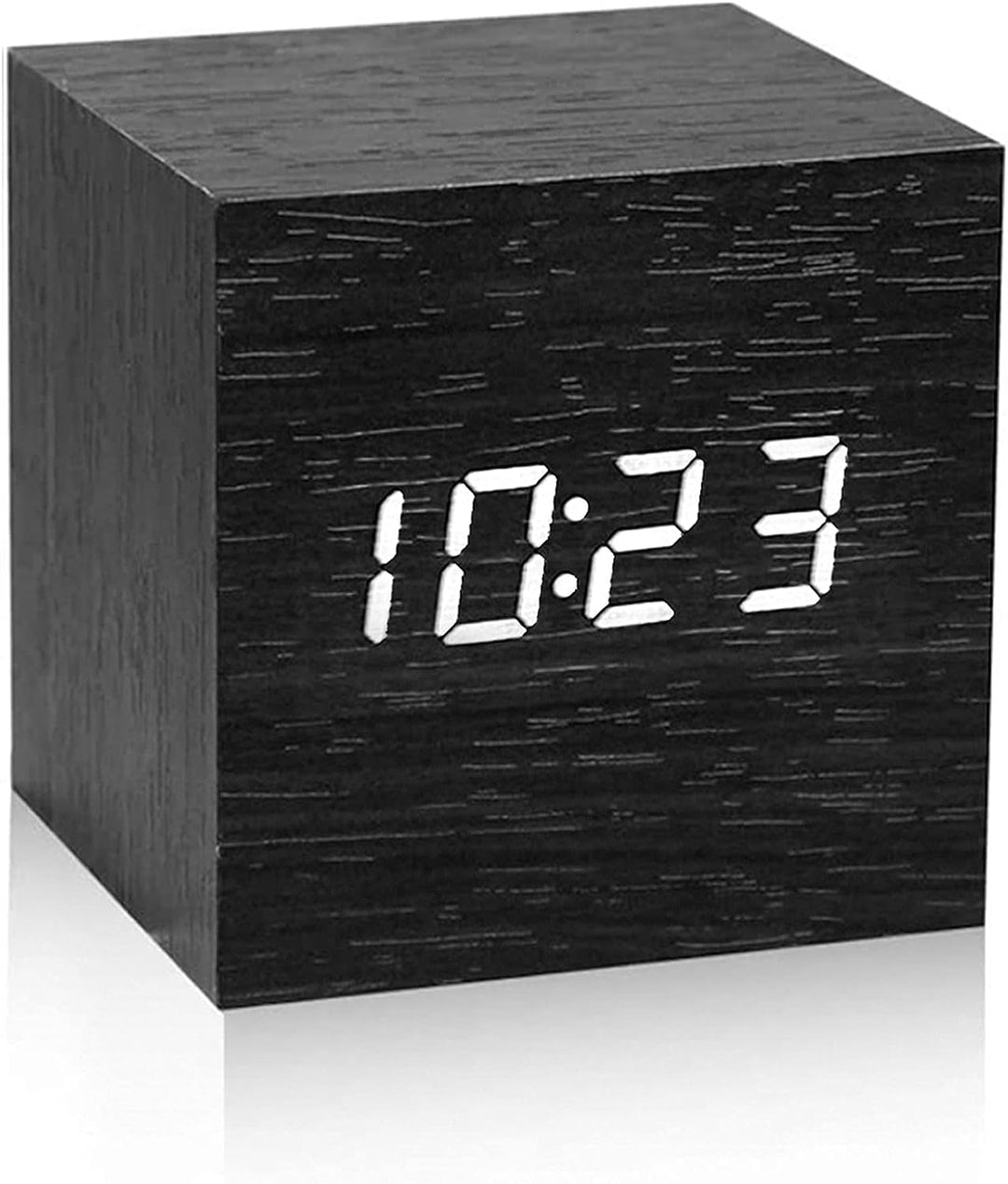Digital Alarm Clock for Bedrooms/Bedside/Desk/Kids/Dormitory/Home/Travel, Wood LED Light Small Cube Clocks Displays Time Date Temperature Powered by Usb(Black)