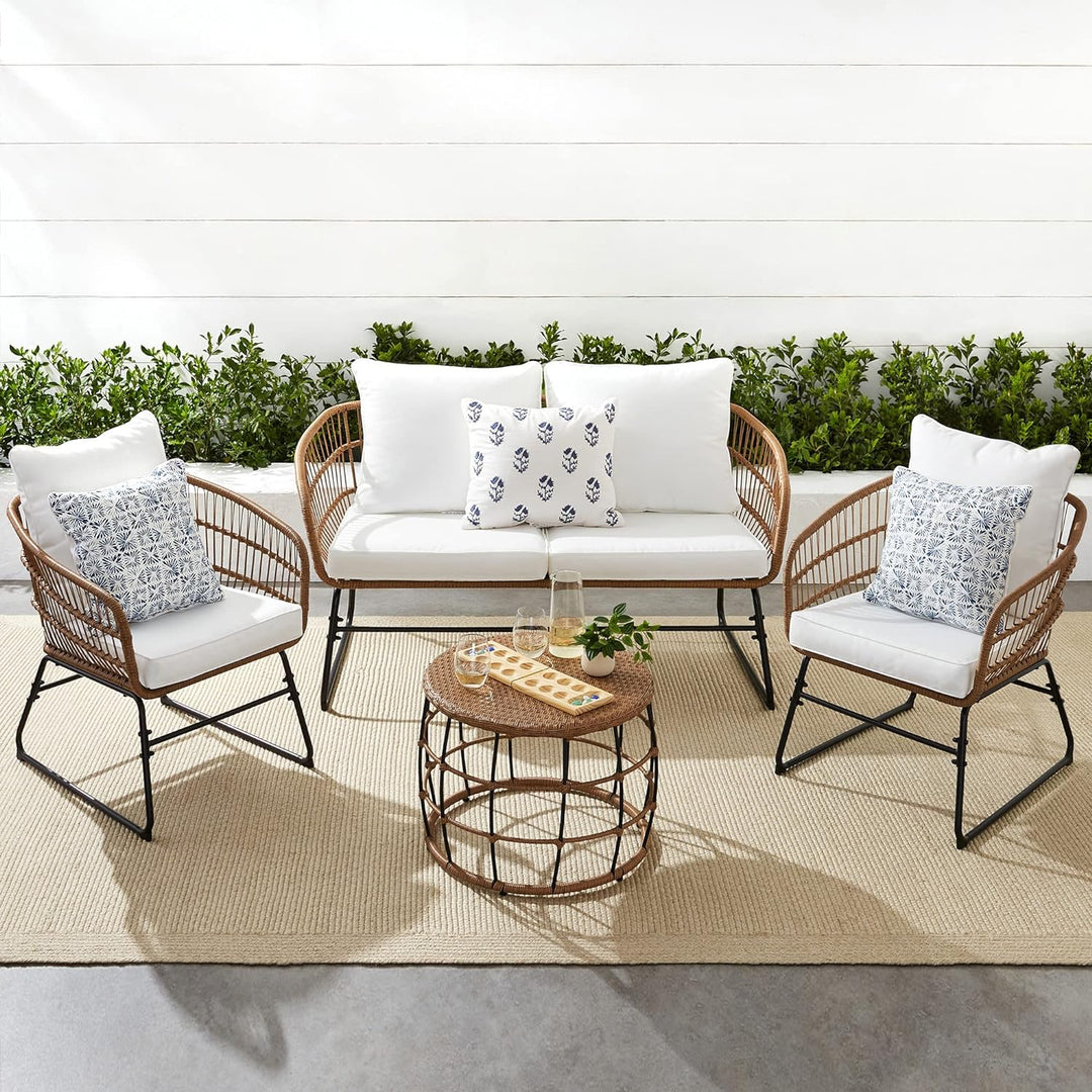 Best Choice Products 4-Piece Outdoor Rope Wicker Patio Conversation Set, Modern Contemporary Furniture for Backyard, Balcony, Porch W/Loveseat, Plush Cushions, Coffee Table, Steel Frame - White