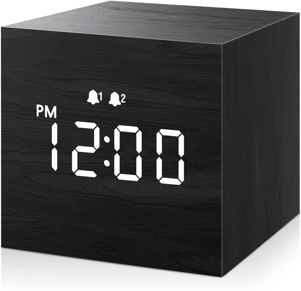 JALL Digital Alarm Clock, with Wooden Electronic LED Time Display, Dual Alarm, 2.5-Inch Cubic Small Mini Wood Made Electric Clocks for Bedroom, Bedside, Desk, Black