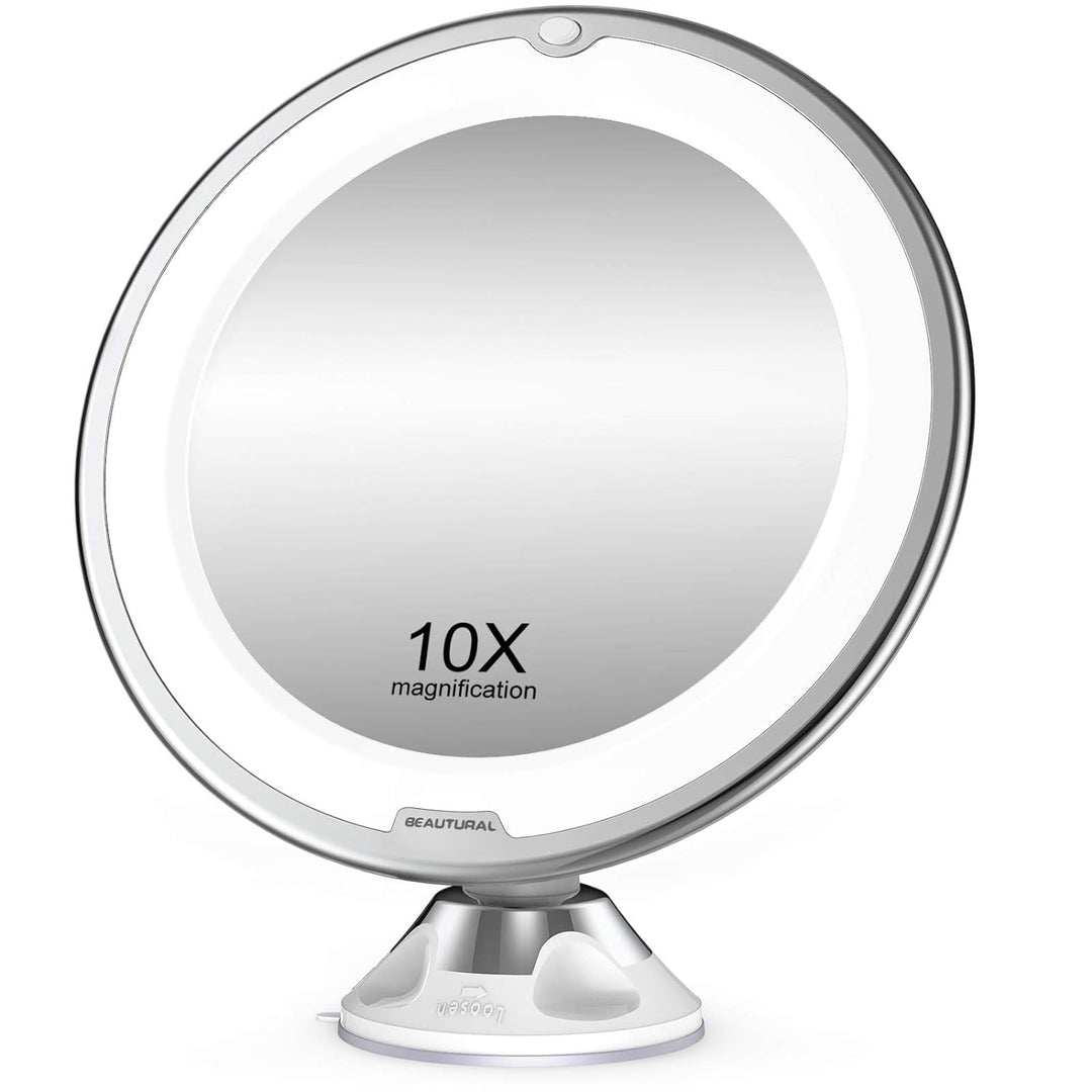 Beautural 10X Magnifying Makeup Mirror with LED Lights, Lighted Magnifying Vanity Makeup Mirror for Home Tabletop Bathroom Shower Travel, 360 Degree Rotation, Powerful Suction Cup