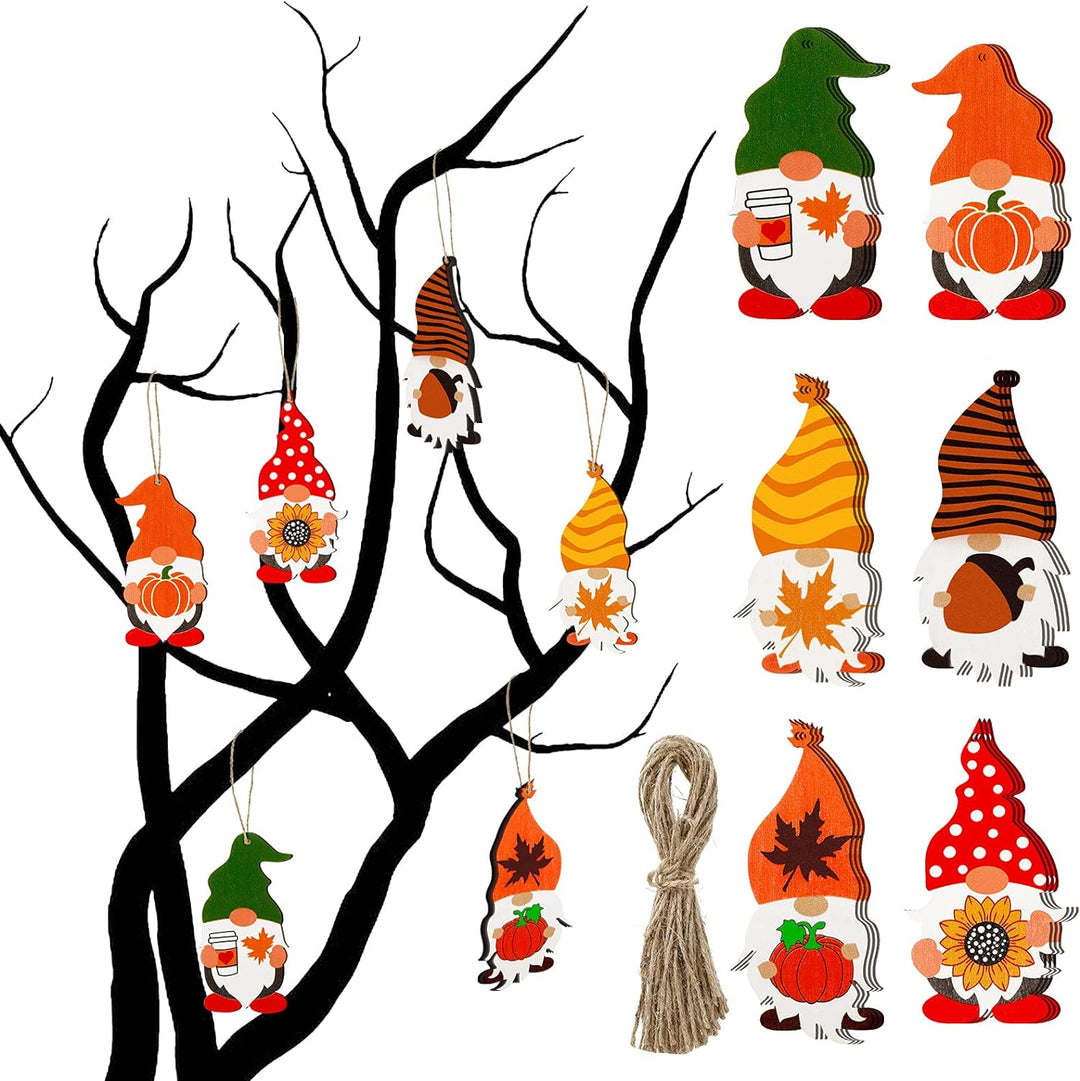 30 Pieces Fall Thanksgiving Gnomes Ornaments Wooden Gnomes Hanging Ornaments Wood Gnome Tag Autumn Pumpkin Gnome Holiday Decorations with Cords for Thanksgiving Party, 6 Styles