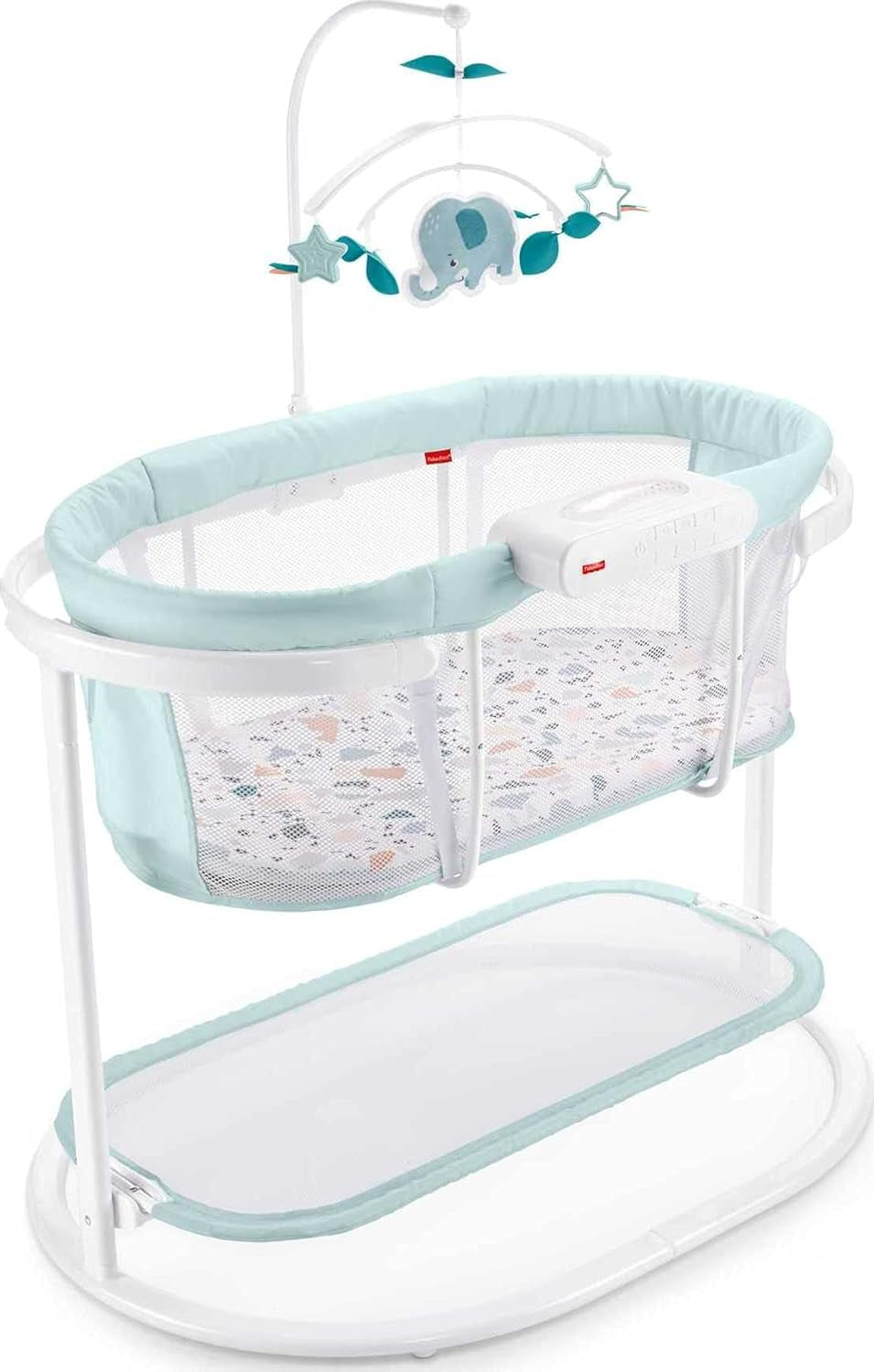 Fisher-Price Baby Bedside Sleeper Soothing Motions Bassinet with Lights Music Vibrations & Overhead Mobile, Pacific Pebble