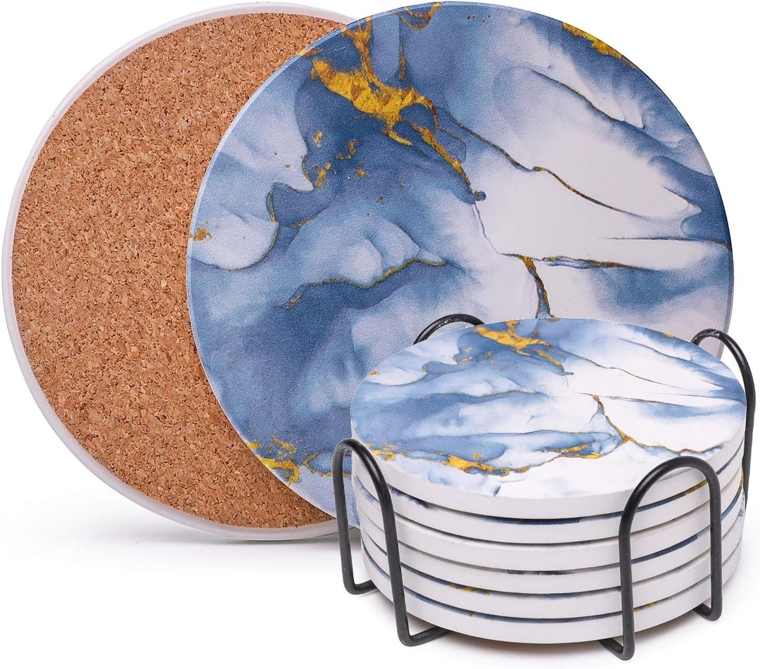 Coasters for Drinks, Absorbent Drink Coasters with Holder (6-Piece Set), Marble Coasters, Ceramic Blue Coasters Set for Home and Kitchen - Glacier
