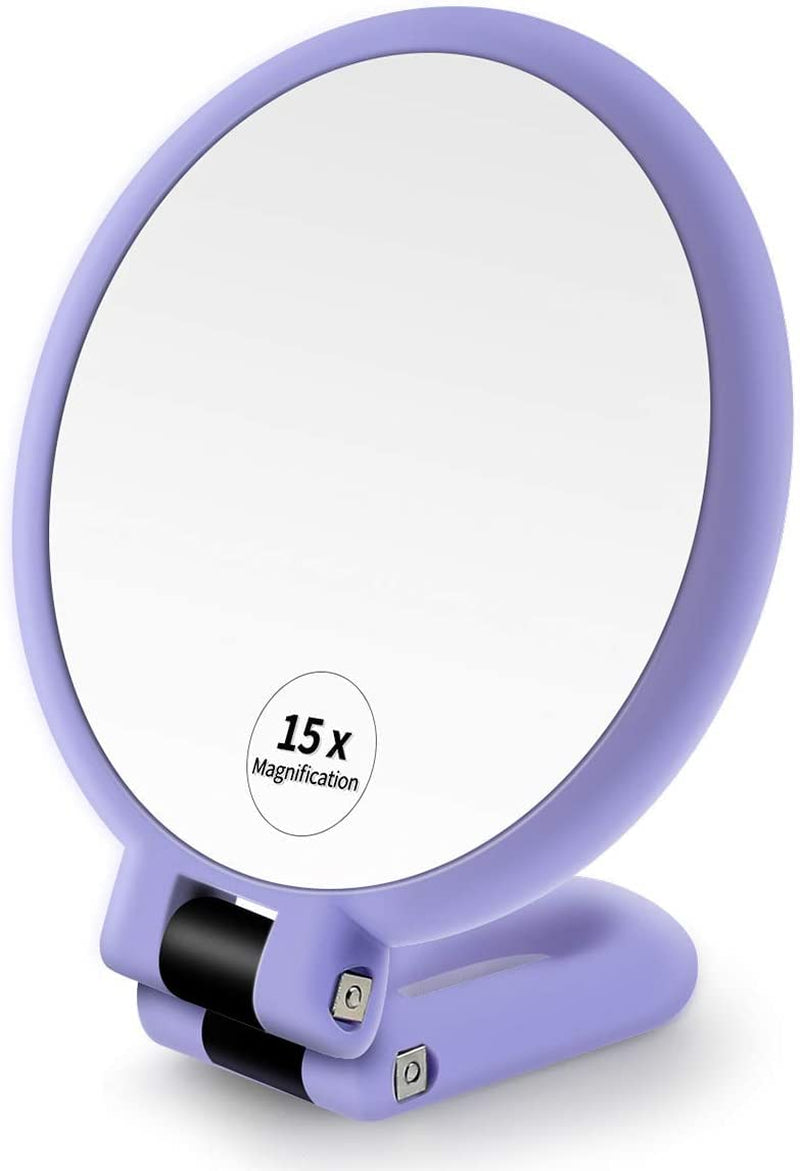 15X Magnifying Mirror, Hand Held Mirror, Double Side Small Makeup Mirror with 1X 15X Magnification, Adjustable Handle/Stand Travel Mirror, Compact Magnified Mirror for Girl Woman Face Eyes Makeup