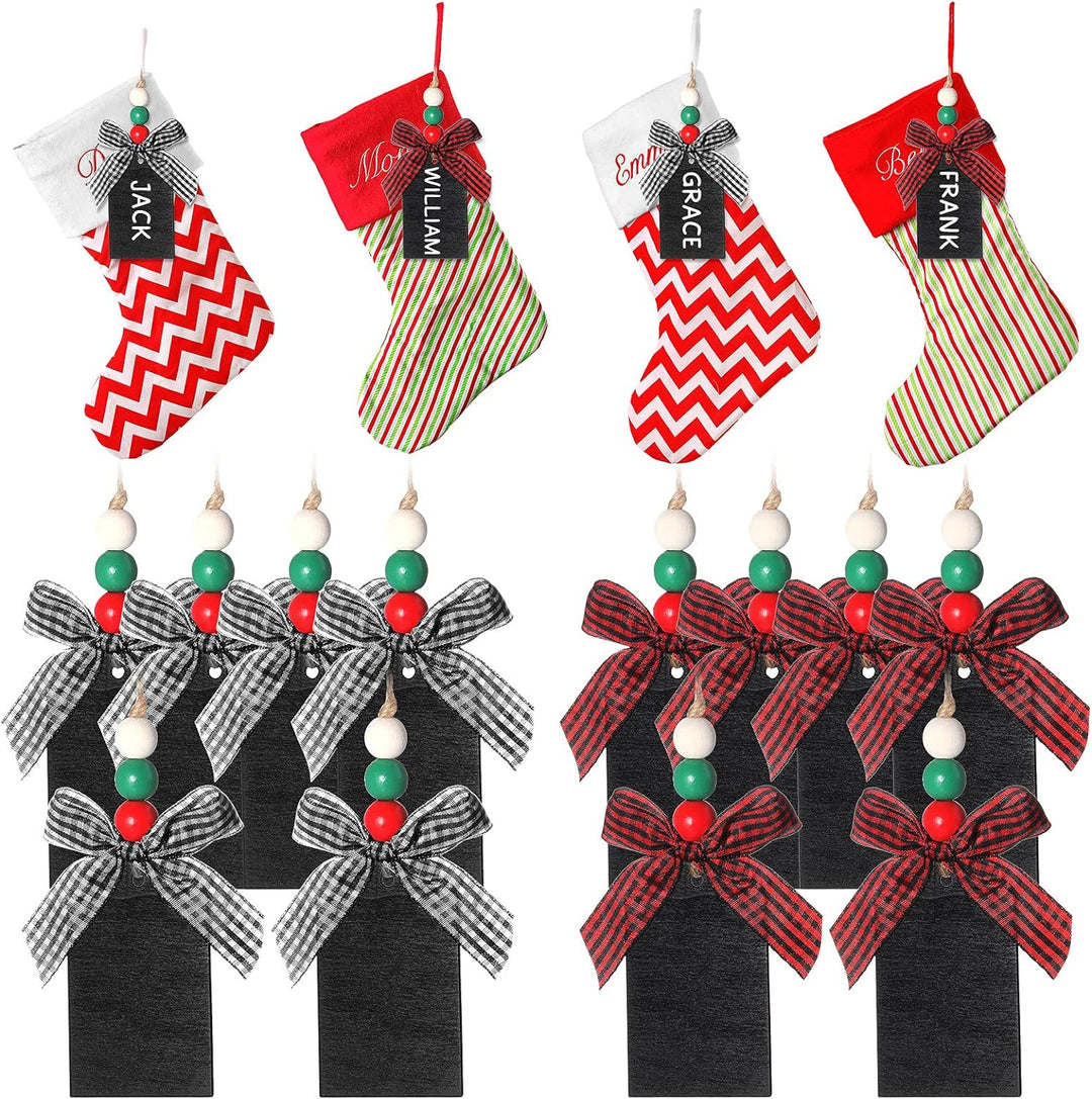 Jetec 16 Pieces Christmas Wood Stocking Name Tags Xmas Stocking Hanging Tags Personalized Stocking Signs with Buffalo Check Bows for Christmas(Black Chalkboard Solid Colors Beads)