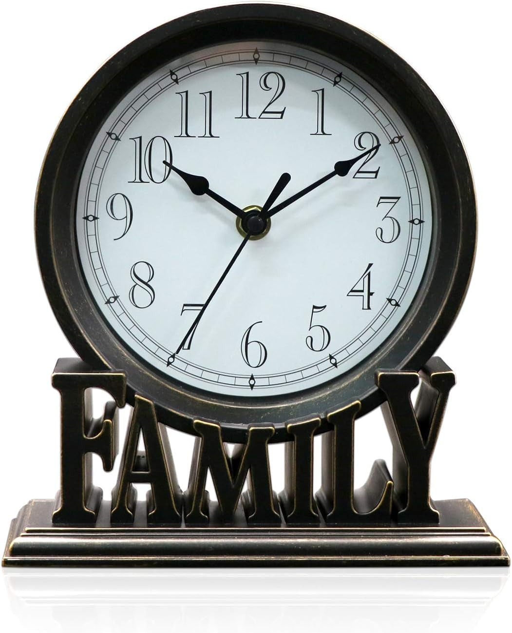 6.5 Inches Table Clock, Vintage Non-Ticking Family Mantel Desk Clock Battery Operated with Quartz Movement HD Glass for Kids Bedroom Living Room Office (Antique Black)