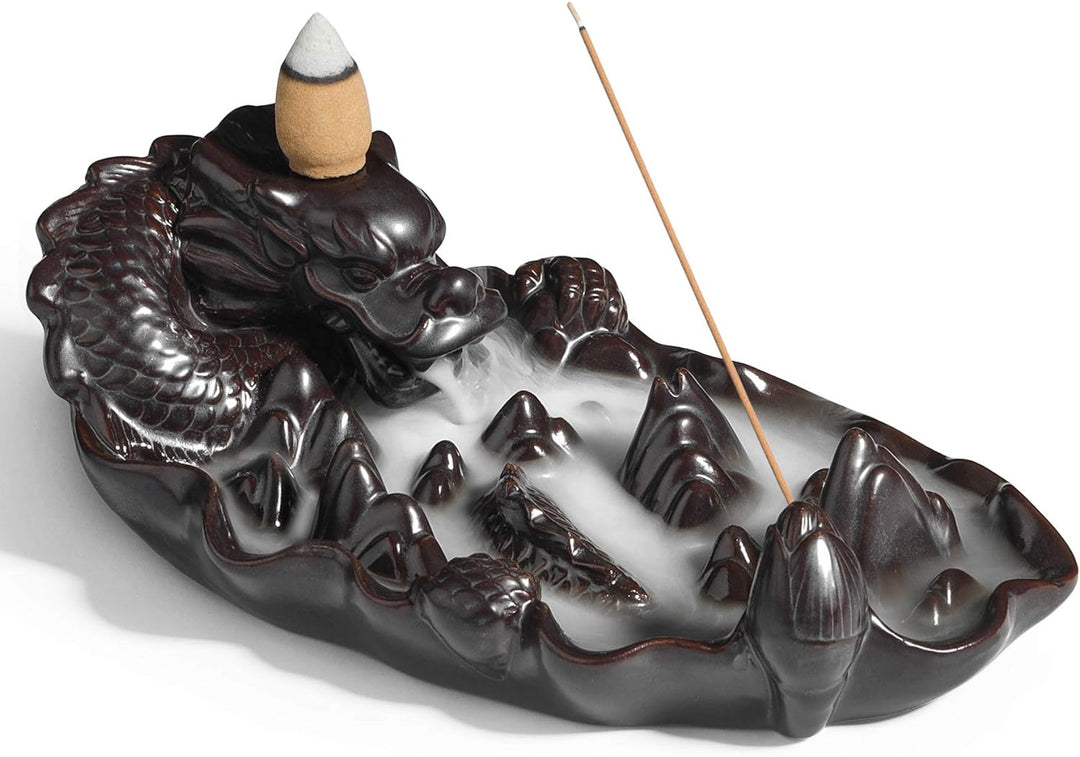 Comsaf Waterfall Dragon Backflow Incense Burner Ceramic, Handmade Censer Incense Cone Incense Stick Holder, Aromatherapy Ornament Home Decor Porcelain Yoga Meditation Relaxation Office Gift, Mountain
