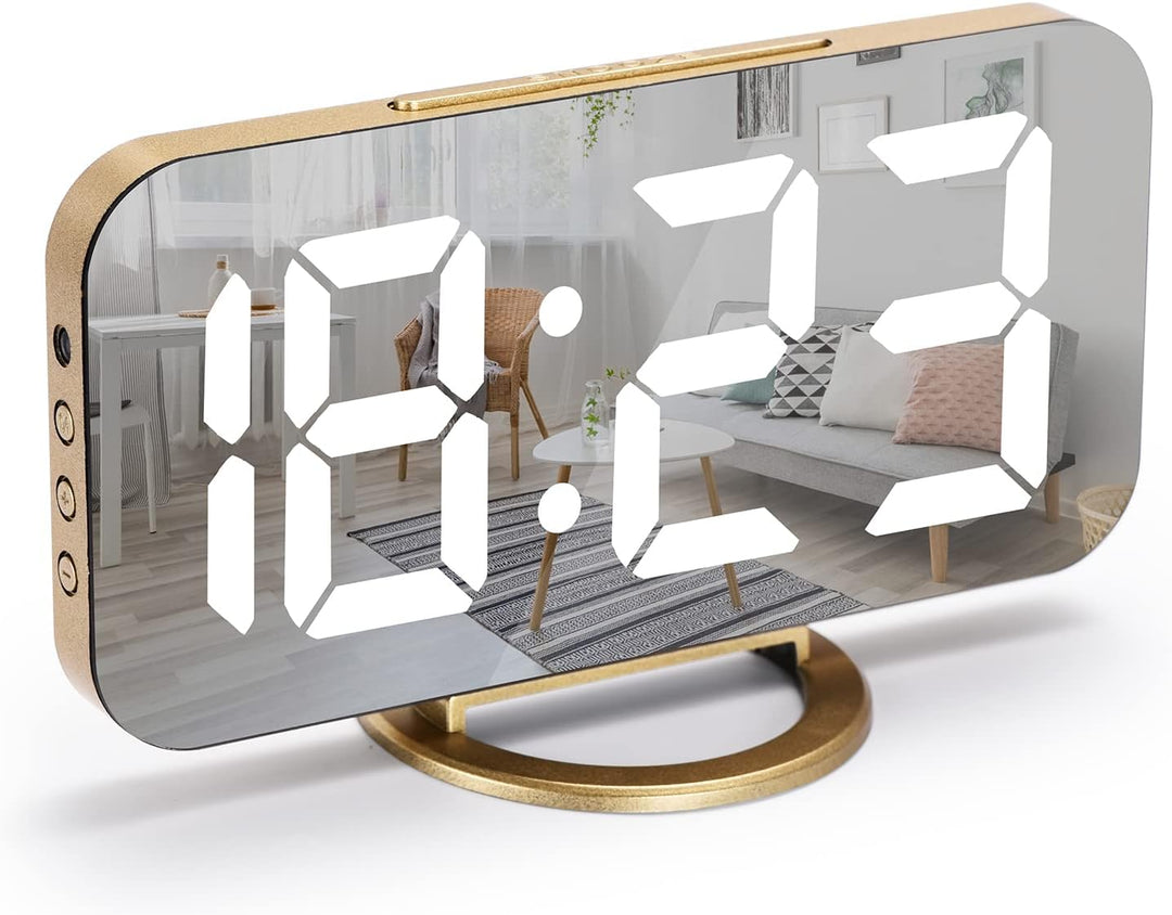 Digital Alarm Clock with 2 USB Charger Ports, LED Mirror Alarm Clocks for Bedrooms Office, Snooze Function, Adjustable Brightness, Bedside Alarm Clocks (Gold)