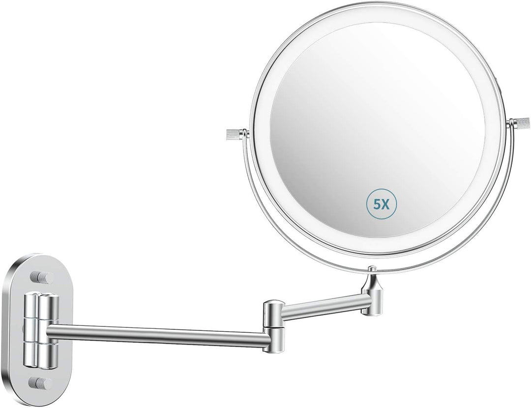 ALVOROG Rechargeable Wall Mounted Lighted Makeup Mirror 8 Inch Double Sided Vanity Mirror with 3 Color Lights 1X/5X Magnifying Mirror 0.5H Intelligent Shutdown Dimming 360 Rotation Bathroom Mirror