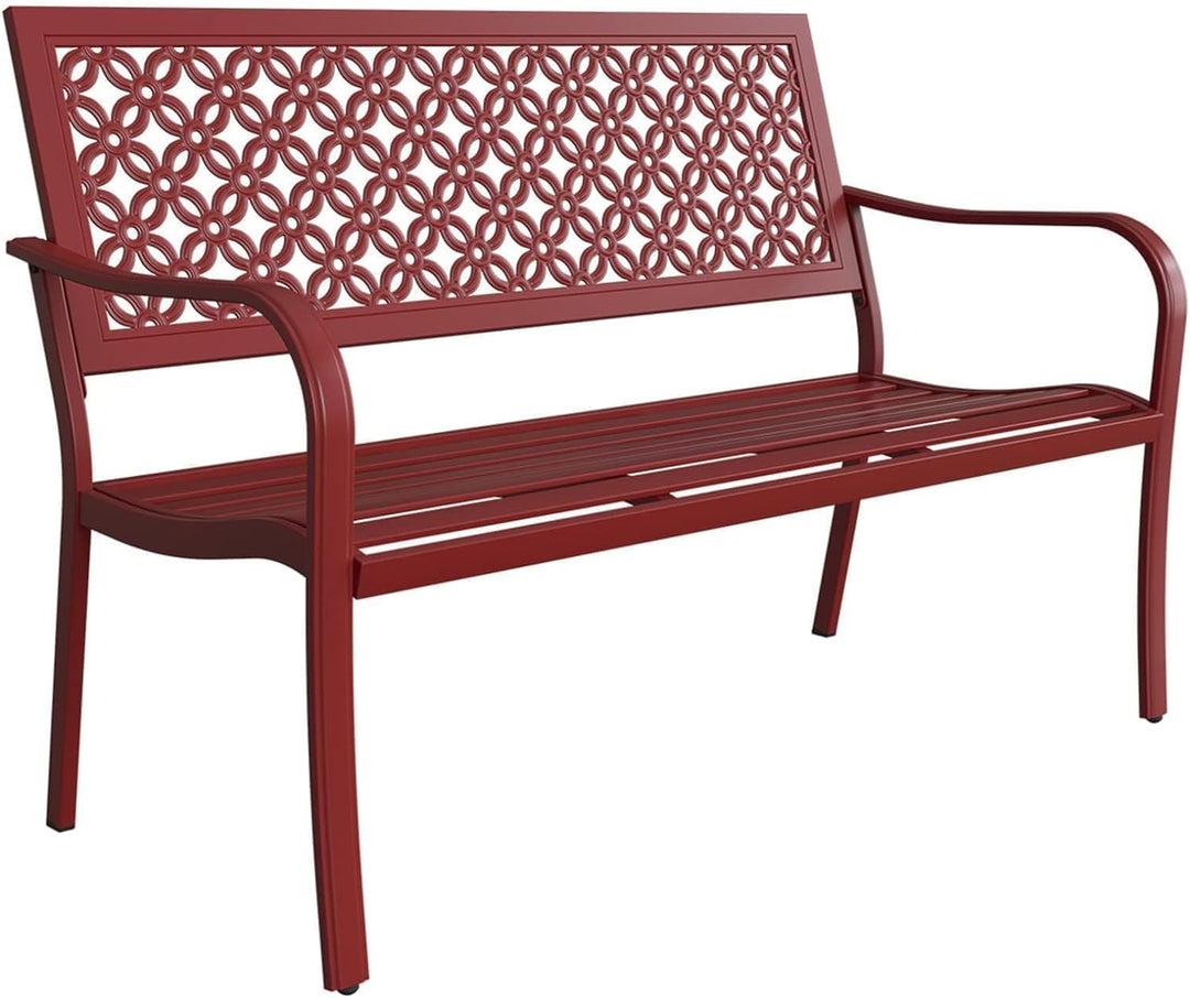 Grand Patio Garden Bench, Outdoor Benches with Anti-Rust Steel Metal Powder Coated Frame, Patio Bench for Front Porch Park outside Furniture Decor, Cherry Red