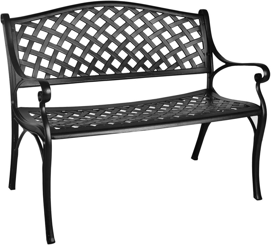 GIODIR Outdoor Patio Garden Bench All-Weather Cast Aluminum Loveseats Park Yard Furniture Porch Chair Work Entryway Decor W/Checkered Design (Black)