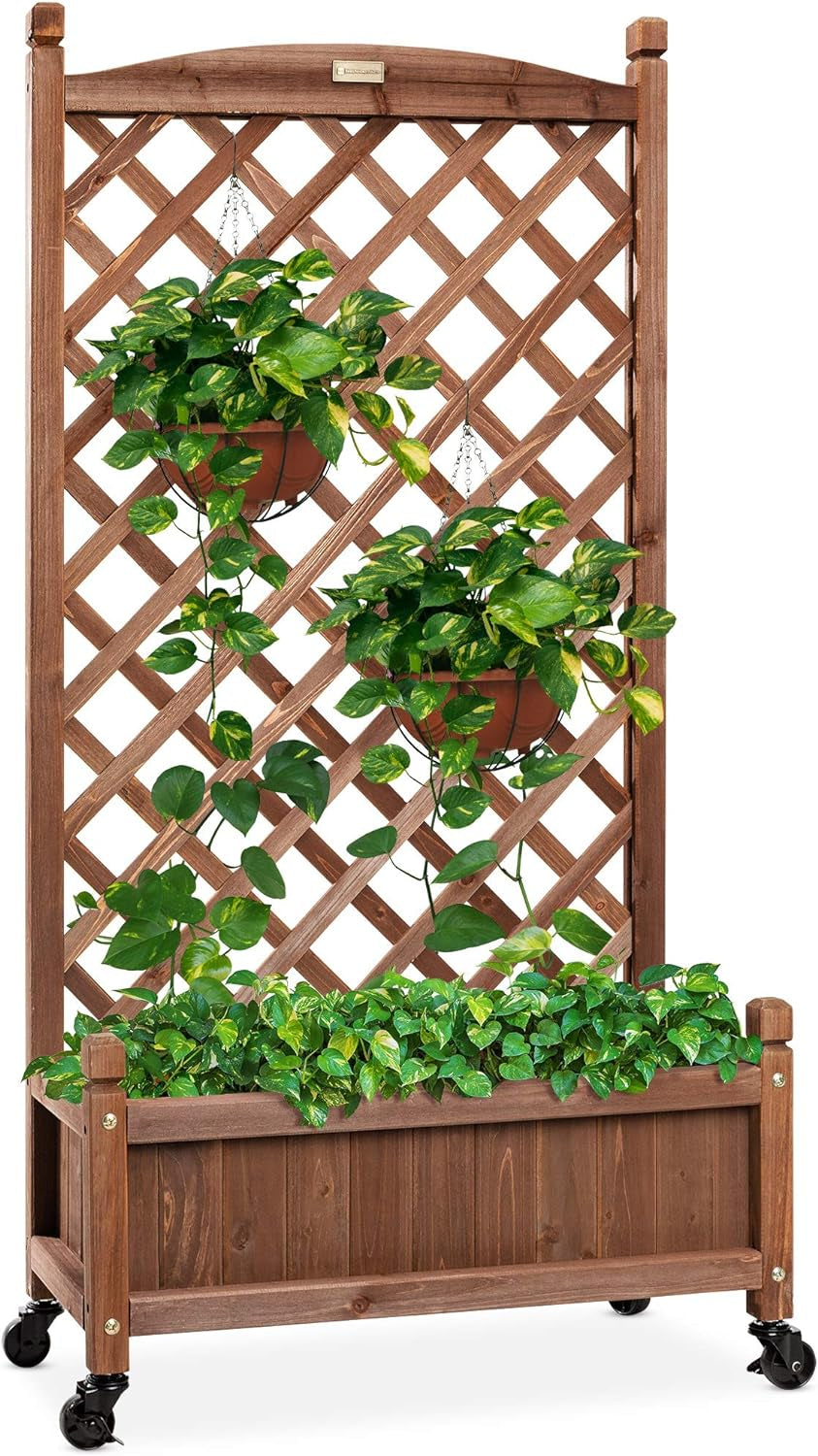 Best Choice Products 60In Wood Planter Box & Diamond Lattice Trellis, Mobile Outdoor Raised Garden Bed for Climbing Plants W/Drainage Holes, Optional Wheels - Walnut