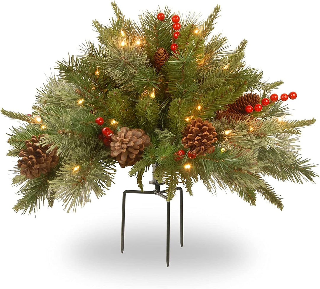 National Tree Company Company Pre-Lit Artificial Christmas Tree Feel Real Urn Filler | Flocked with Mixed Decorations Strung LED Lights with Stand | Colonial-18 Inch, 18", Warm White