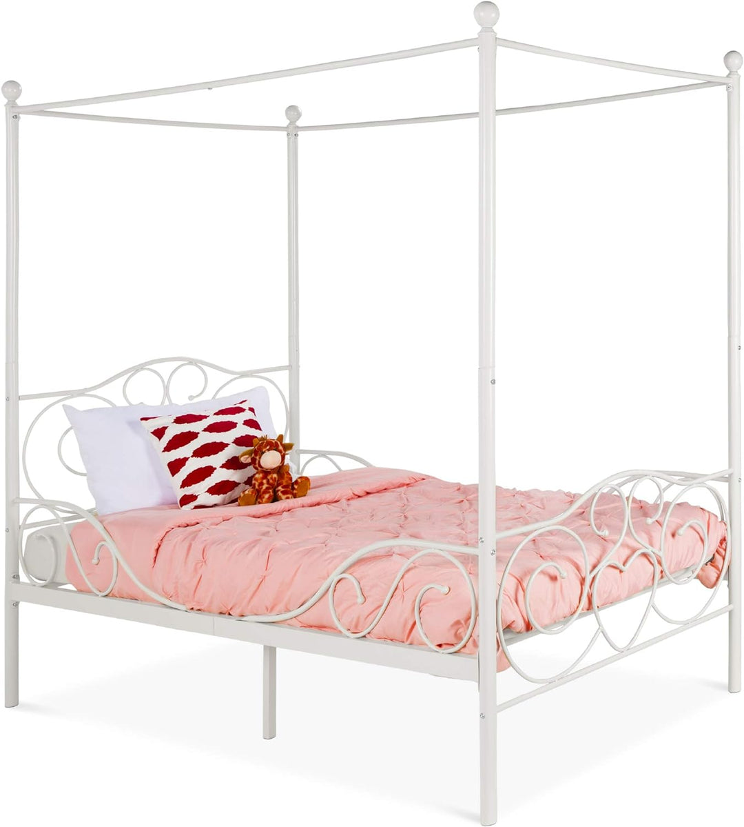 Best Choice Products 4-Post Metal Canopy Twin Bed Frame for Kids Bedroom, Guest Room W/Heart Scroll Design, 14-Slat Support System, Headboard, Footboard - White