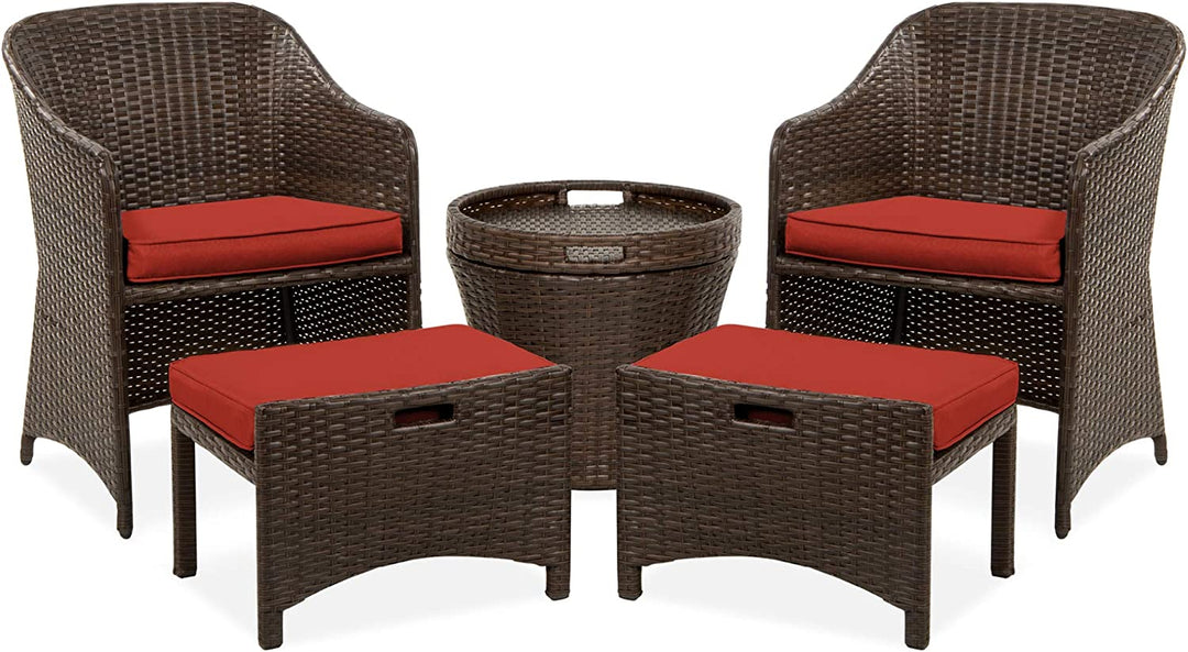 Best Choice Products 5-Piece Outdoor Patio Furniture Set, No Assembly Required Wicker Conversation Bistro & Storage Table for Backyard, Porch, Balcony W/Space-Saving Design - Brown/Red