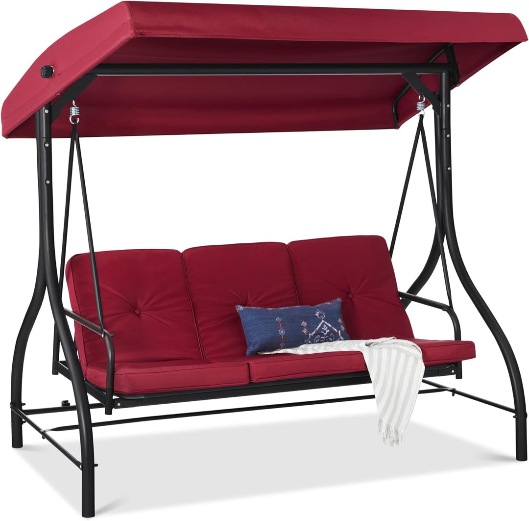 Best Choice Products 3-Seat Outdoor Large Converting Canopy Swing Glider, Patio Hammock Lounge Chair for Porch, Backyard W/Flatbed, Adjustable Shade, Removable Cushions - Burgundy