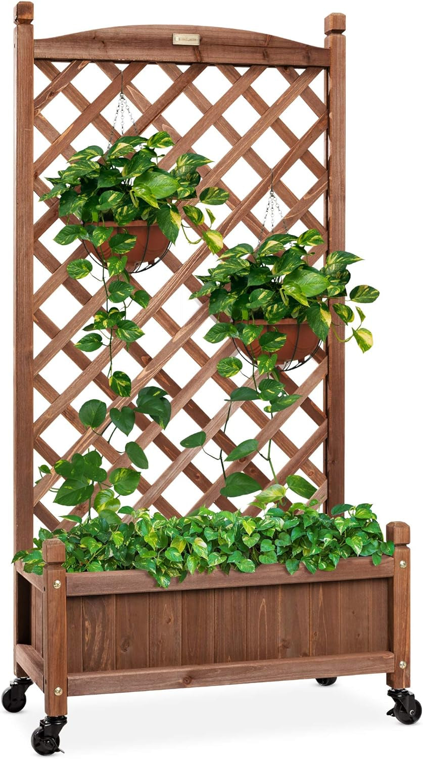 Best Choice Products 48In Wood Planter Box & Diamond Lattice Trellis, Mobile Outdoor Raised Garden Bed for Climbing Plants W/Drainage Holes, Optional Wheels - Walnut