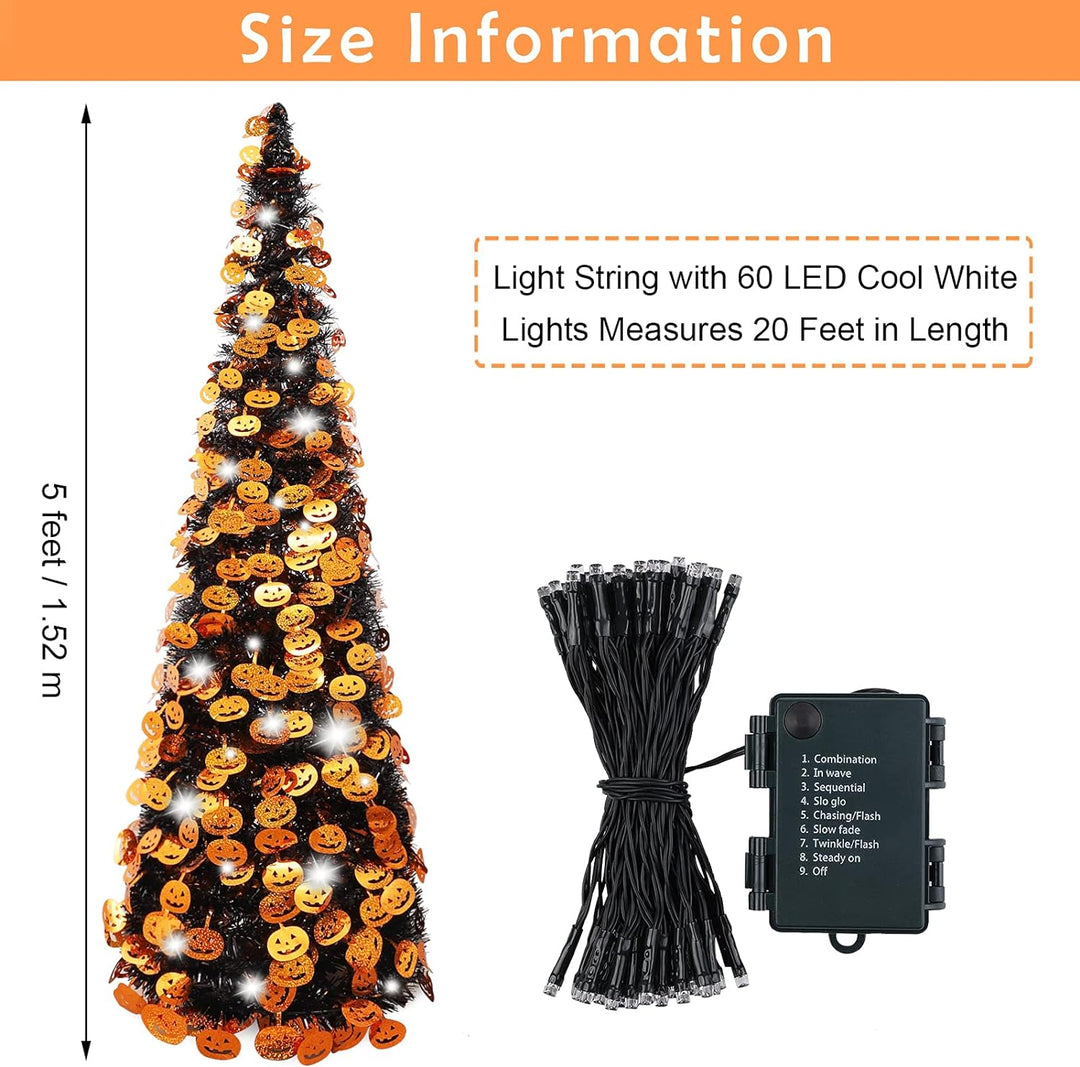 Fovths 5 Feet Halloween Collapsible Artificial Tree, Pop up Small Thin Black Tinsel Orange Pumpkin Sequin with 60 String Lights for Holiday Party Decorations Indoor Outdoor