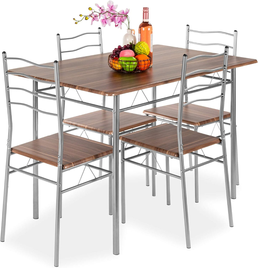 Best Choice Products 5-Piece 4Ft Modern Wooden Kitchen Table Dining Set W/Metal Legs, 4 Chairs - Brown/Silver