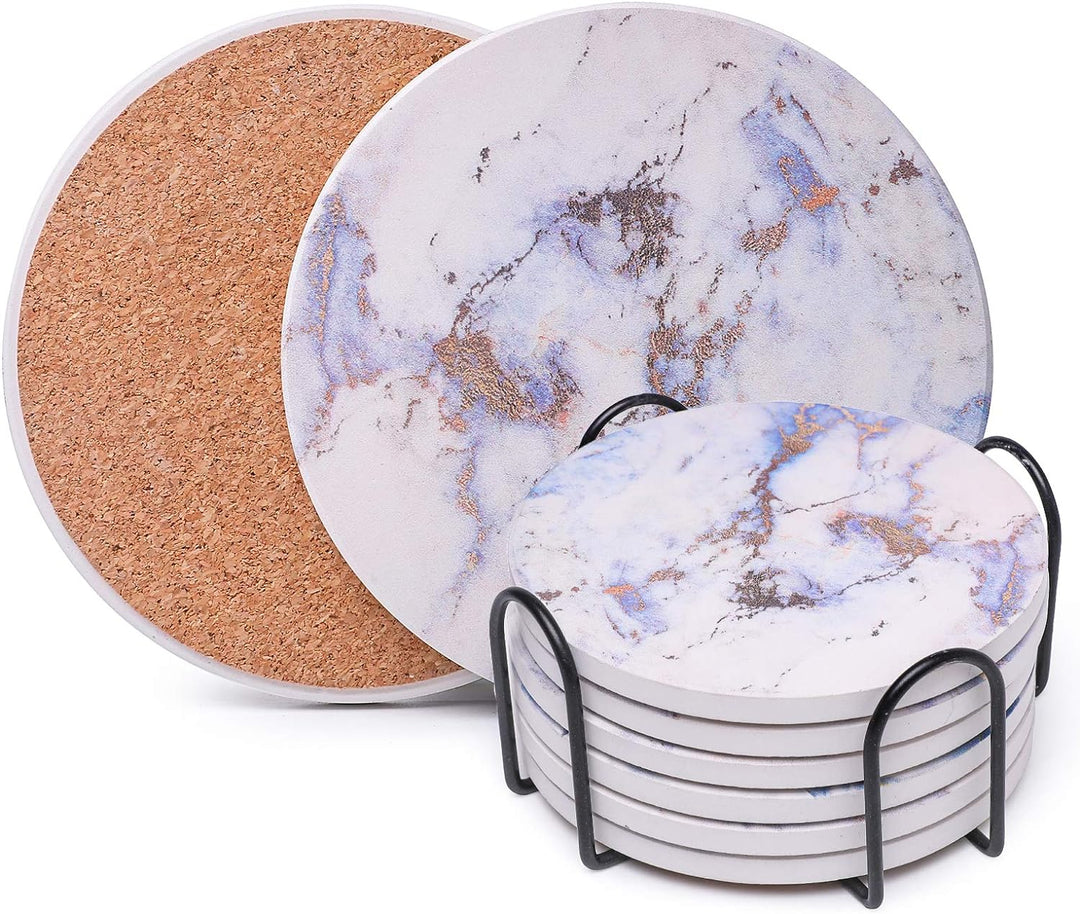 Coasters for Drinks, Absorbent Drink Coasters with Holder (6-Piece Set), Marble Coasters, Ceramic Blue Coasters Set for Home and Kitchen - Snowflake