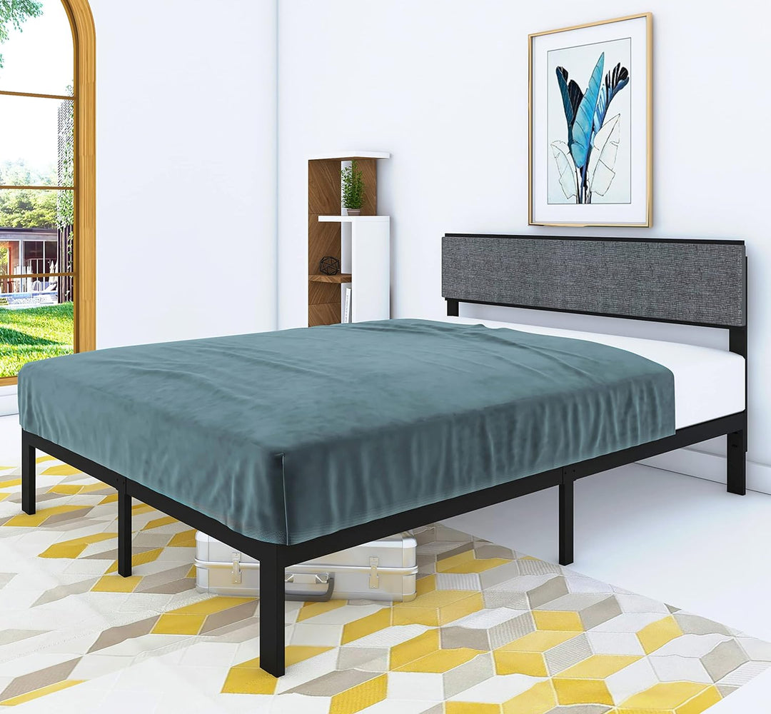 Felix Full Upholstered Platform Bed Frame/Full Size Metal Bed Frame with Steel Slats/No Box Spring / 12" Metal Bed Frames/Easy Assembly- Black